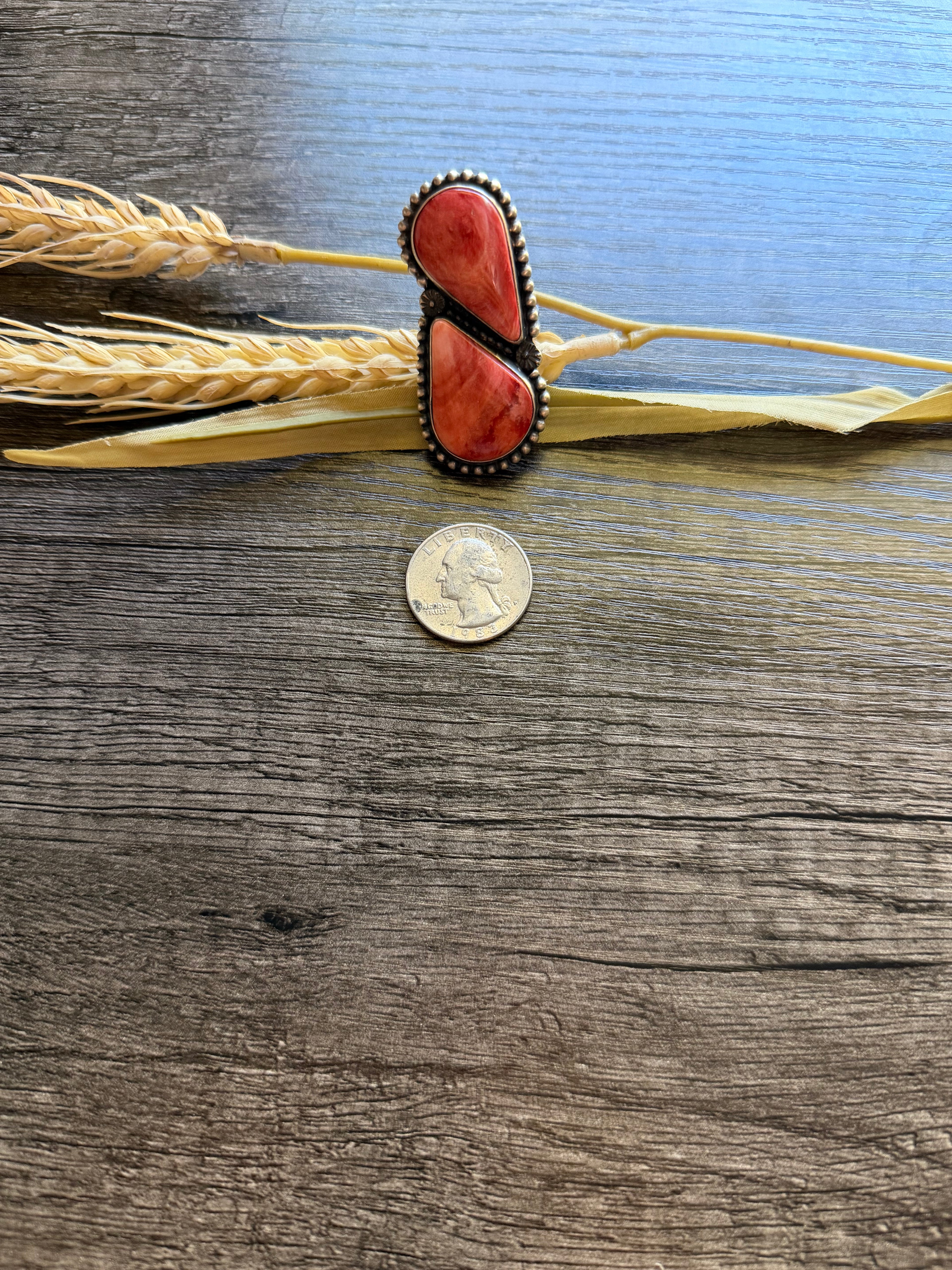 2 Stone Red Spiny Teardrop Ring